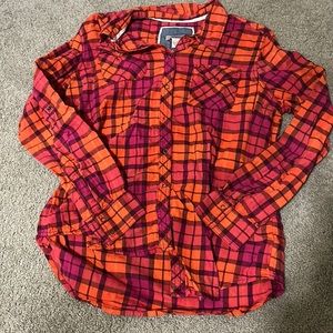Arizona Jean Company pink & orange plaid snap flannel size L